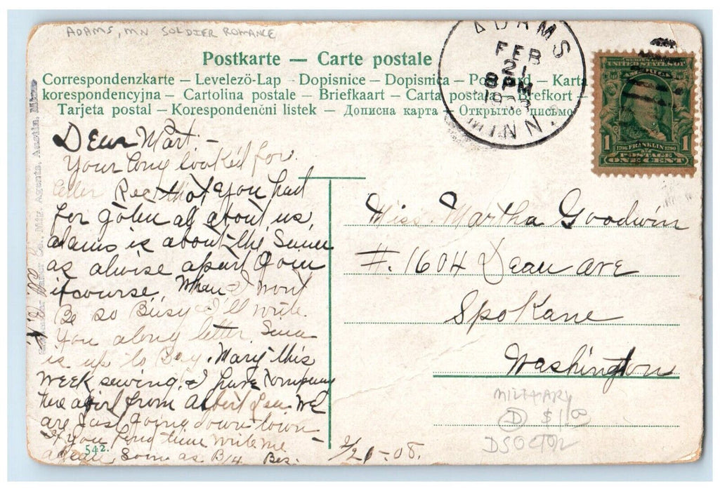 1908 Couple Soldier Romance Adams Minnesota MN Posted Antique Postcard