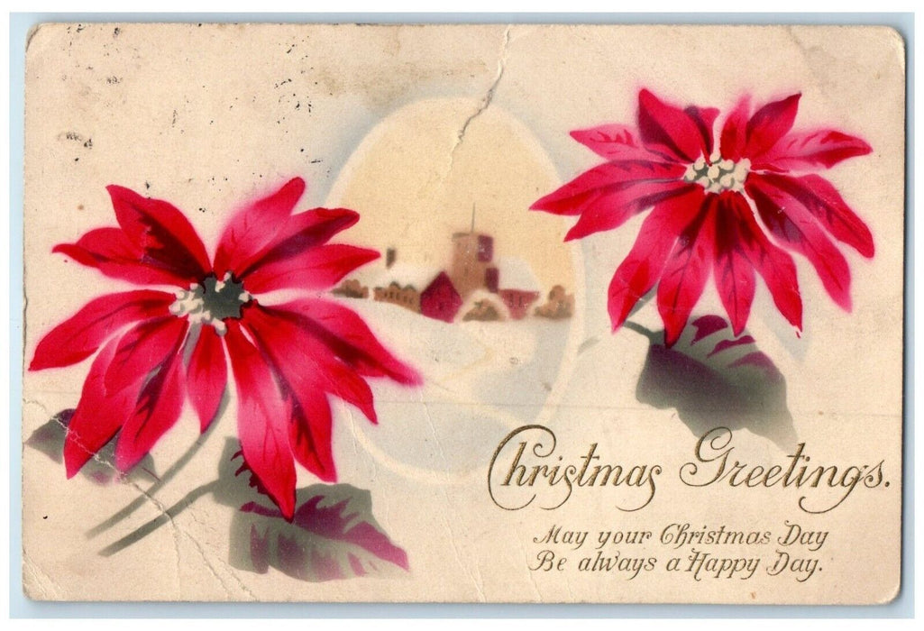 1914 Christmas Greetings Poinsettia Flowers Sherburn Minnesota MN Postcard