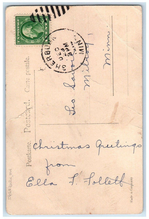 1914 Christmas Greetings Poinsettia Flowers Sherburn Minnesota MN Postcard