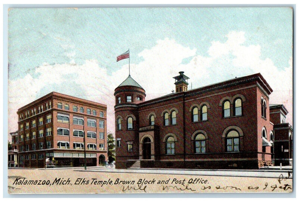 1907 Exterior Elks Temple Brown Block Post Office Kalamazoo Michigan MI Postcard