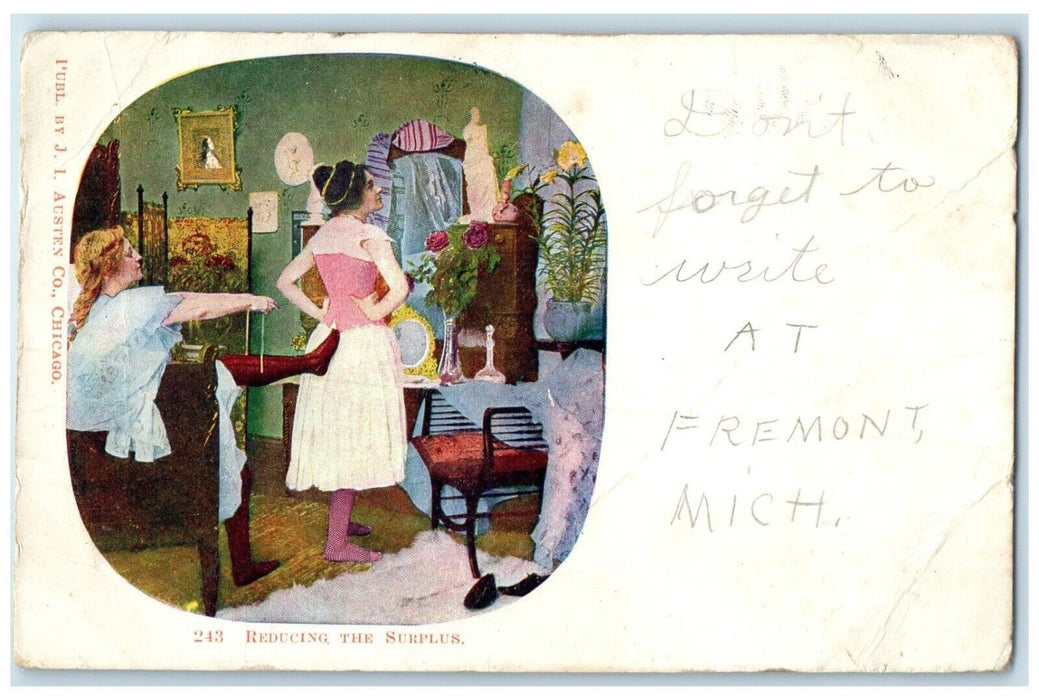 1907 Reducing The Surplus Woman Dressing Interior Fremont Michigan MI Postcard