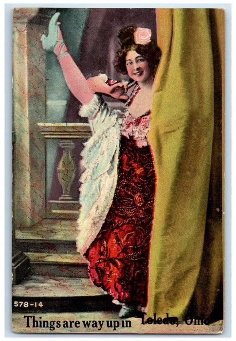 c1910 Things Are Way Up Woman Curtain Interior Toledo Ohio OH Vintage Postcard