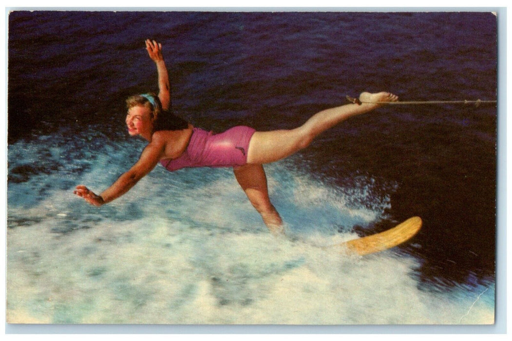 c1960 Water Ski Trick Riding Willa Worthington Florida Cypress Garden Postcard