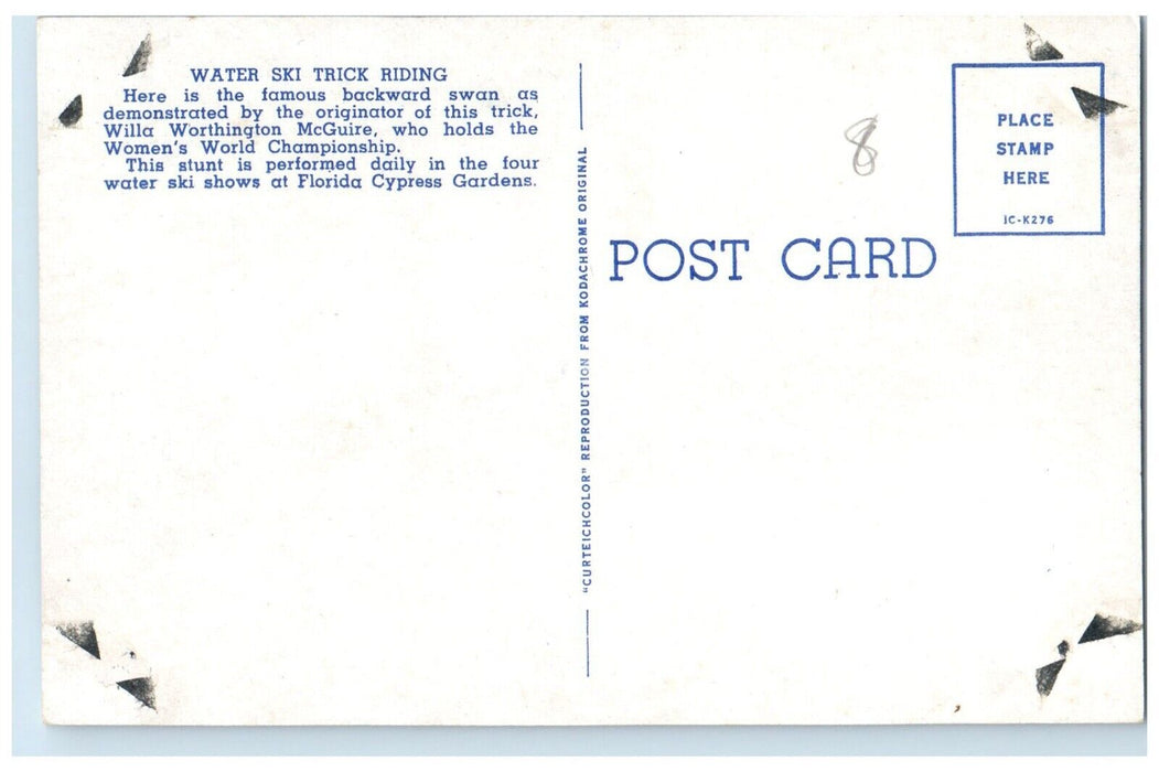 c1960 Water Ski Trick Riding Willa Worthington Florida Cypress Garden Postcard