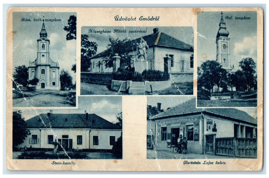 c1940's Greetings from Emodrol Hungary Multiview Vintage Unposted Postcard