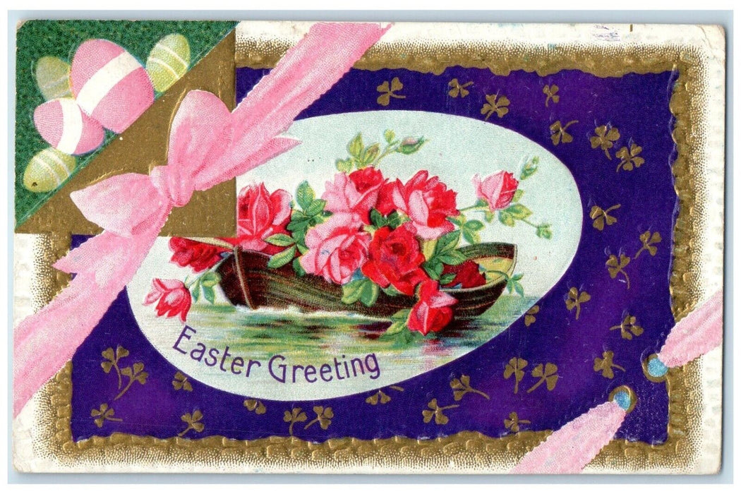 1911 Easter Greeting Big Egg Flowers On Boat Clover South Haven MN Postcard