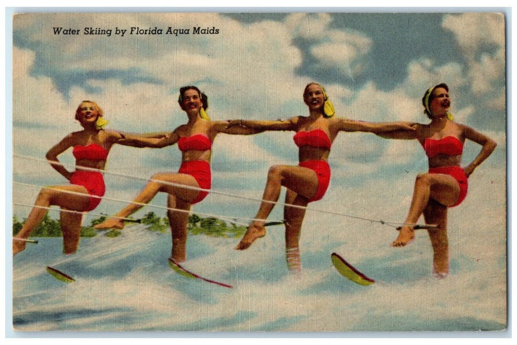 c1940 Water Skiing Florida Aqua Maids Cypress Gardens Parade Ballet FL Postcard