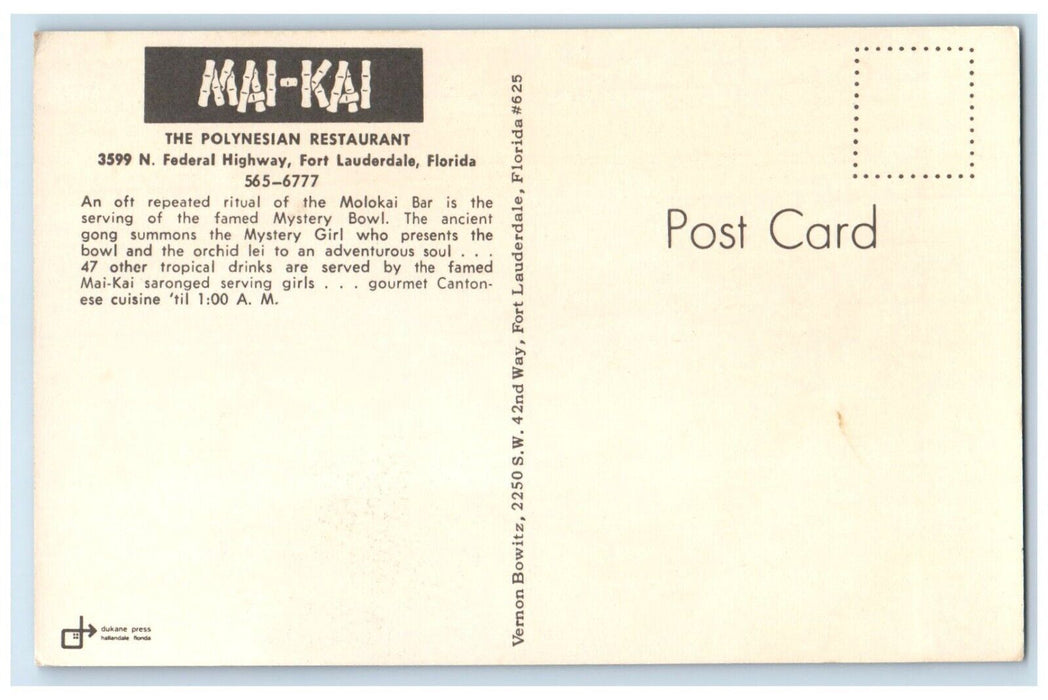 c1960 Mai-Kai Polynesian Restaurant Federal Highway Fort Lauderdale FL Postcard