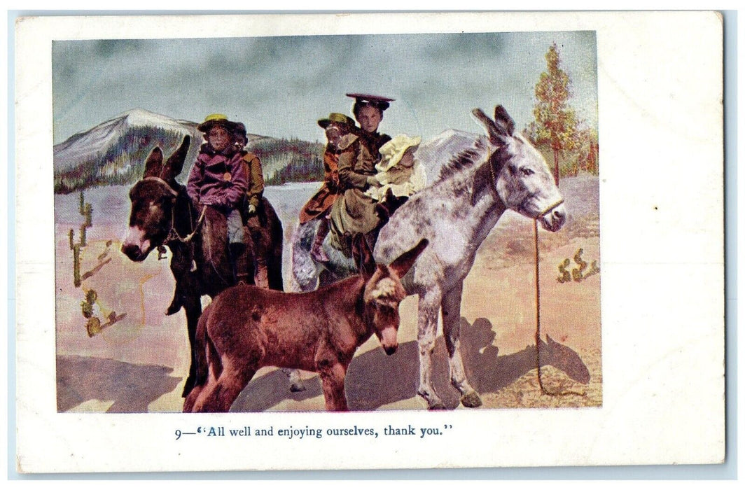 c1905 All Well And Enjoying Ourselves Children Riding Donkey Horse Postcard