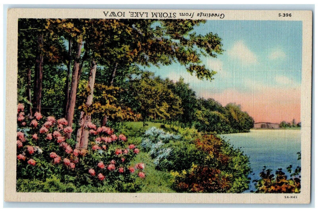Greetings From Storm Lake IA, Flowers Lake View Up Side Down Error Postcard