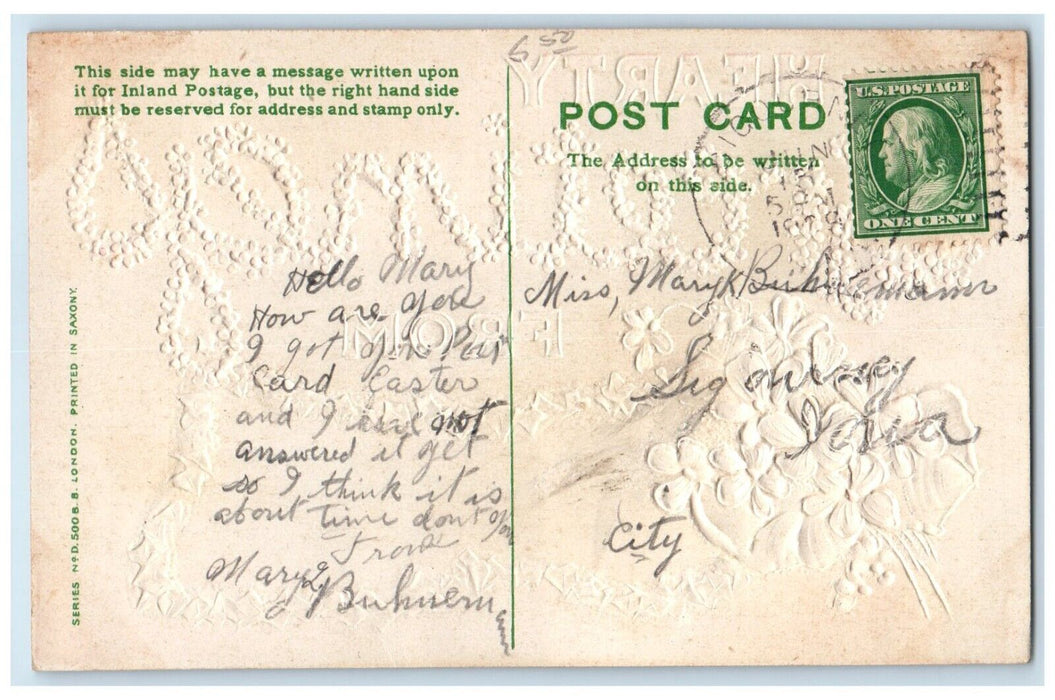 c1910's Hearty Greetings From Sigourney Iowa IA Flowers Embossed Postcard