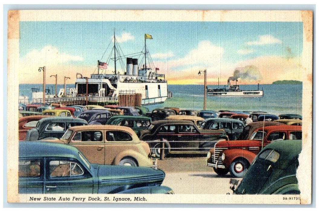 c1940 Steamer Classic Cars New State Auto Ferry Dock St Ignace Michigan Postcard