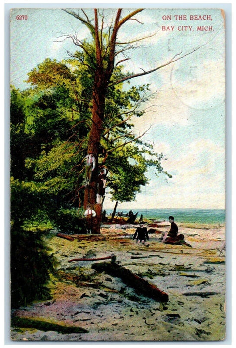 1907 Scenic View On The Beach Tree Men Sitting Bay City Michigan Posted Postcard