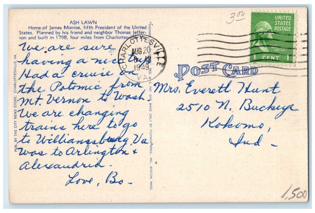 1949 Ash Lawn Home President James Monroe Charlottesville Virginia VA Postcard