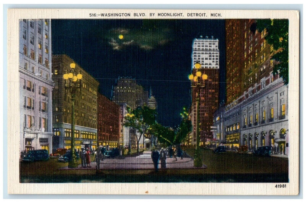 c1940 Night Scene Washington Boulevard Moonlight Detroit Michigan Linen Postcard