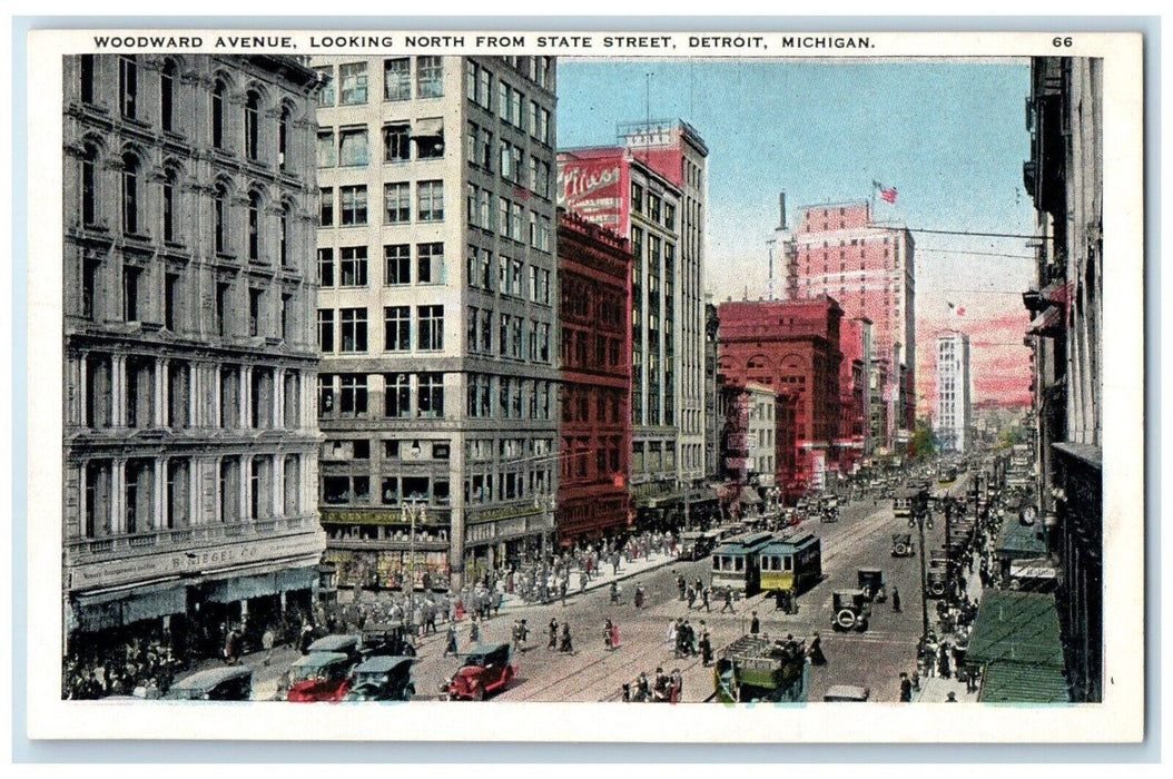 c1920 Woodward Avenue Streetcars North State Street Detroit Michigan MI Postcard