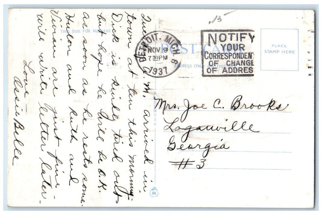 1937 Night Scene Washington Boulevard Moonlight Detroit Michigan Posted Postcard