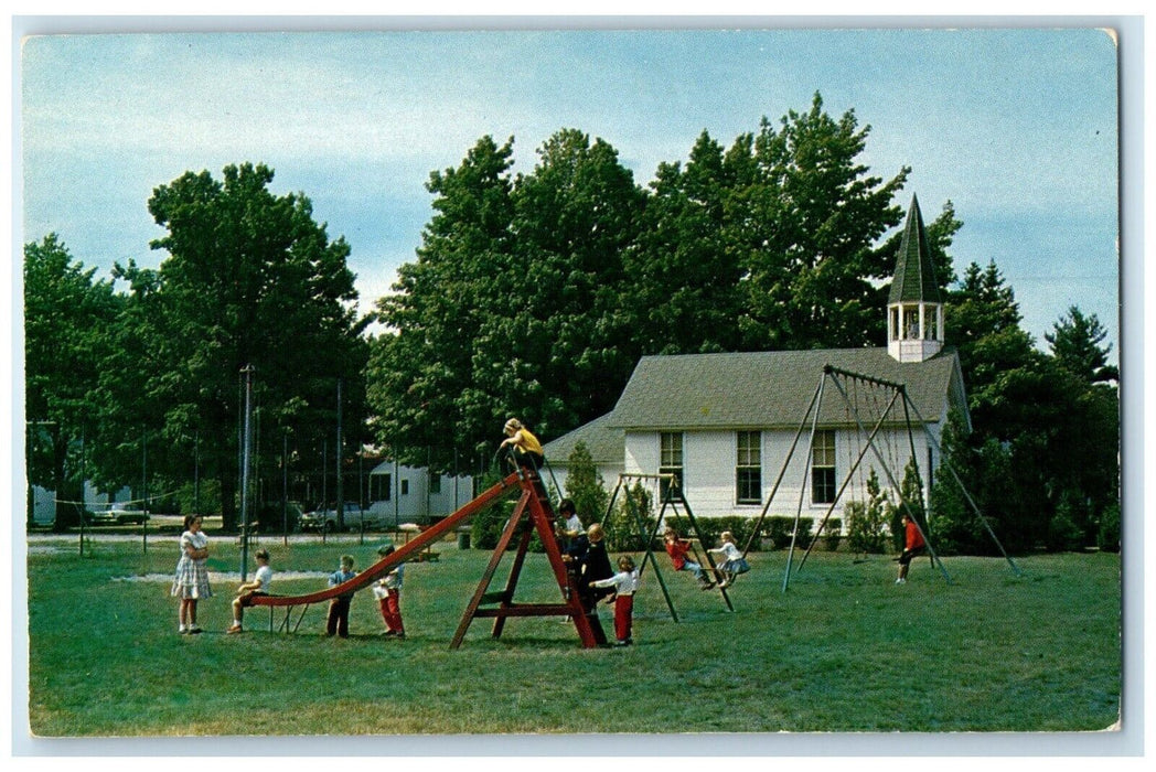c1960 Maranatha Chapel Playground Children Michigan Antique Avery Color Postcard