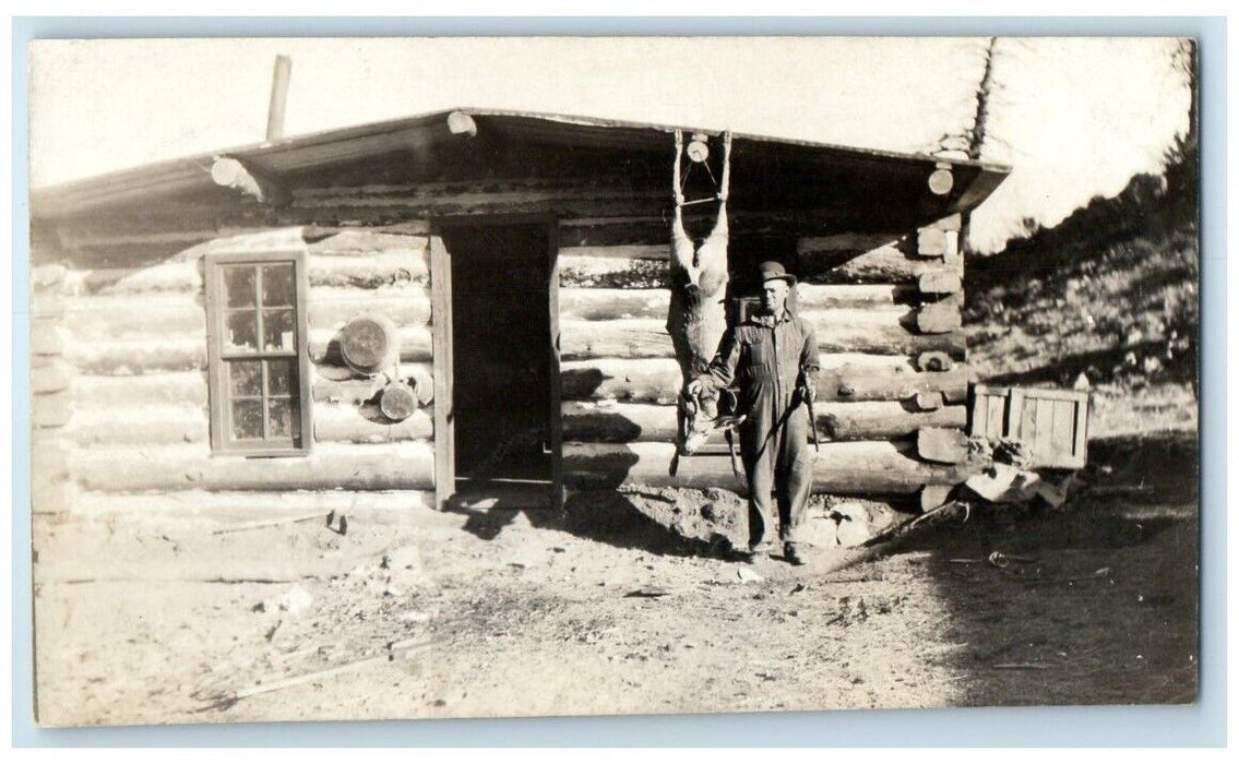 c1918 Hunter Deer Game Kill Log Cabin View RPPC Photo Unposted Postcard