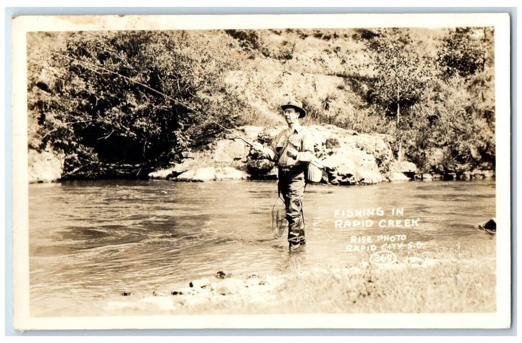 c1918 Fishing In Rapid Creek View Rise Rapid City SD RPPC Photo Postcard