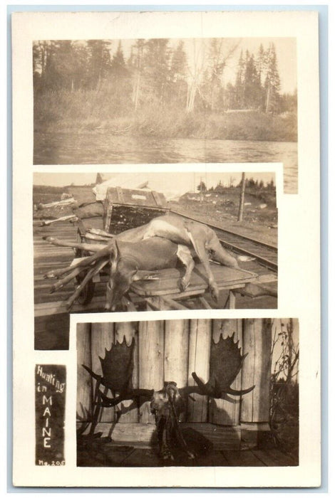 c1918 Hunting In Maine Multiview Deer Moose Elk Lake View RPPC Photo Postcard
