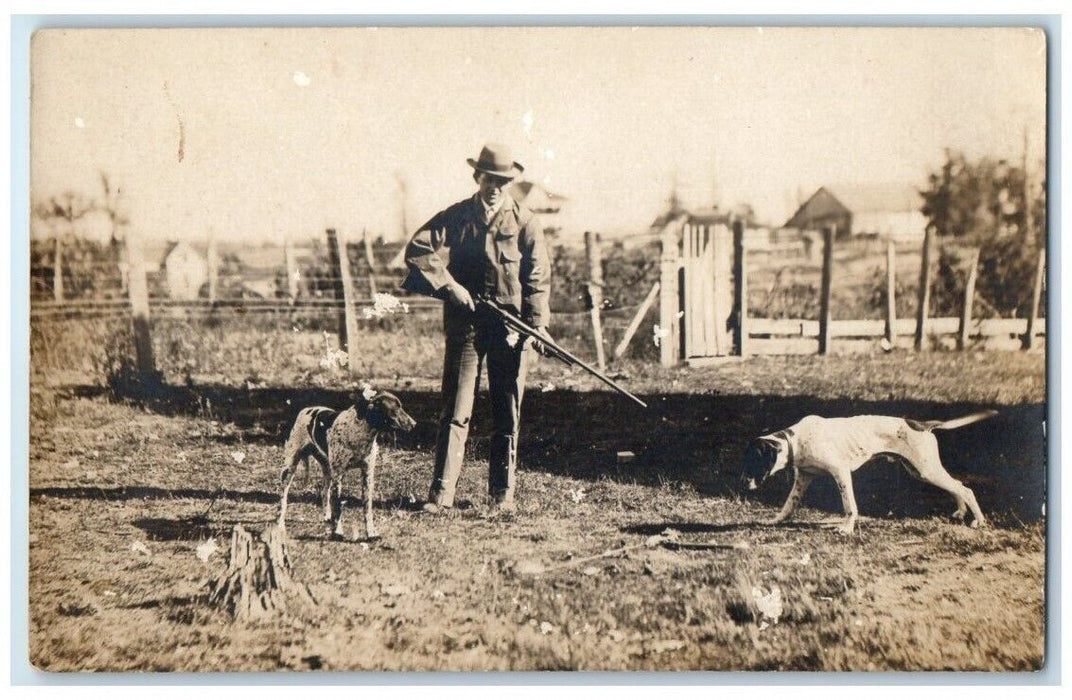 c1910's Hunter Hunting Dogs Shotgun Gun Farm View RPPC Photo Unposted Postcard