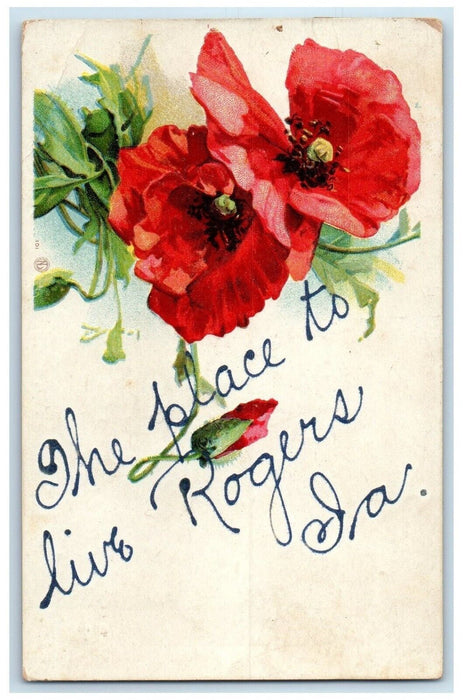 1910 The Place To Live Rogers Central City Iowa IA, Flowers Embossed Postcard