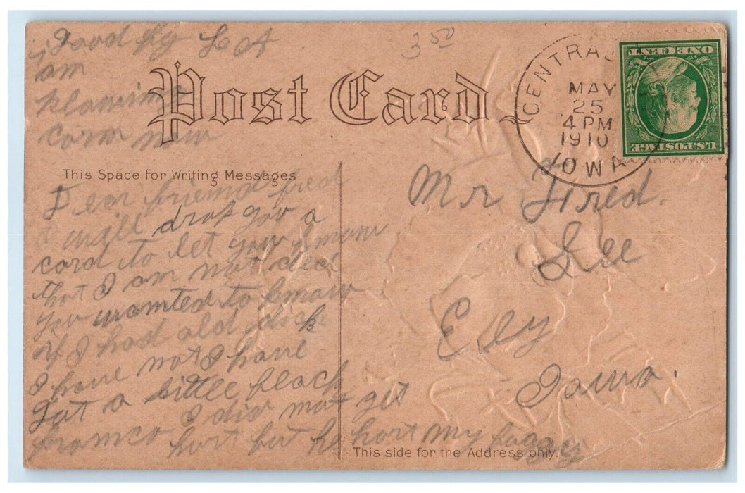 1910 The Place To Live Rogers Central City Iowa IA, Flowers Embossed Postcard