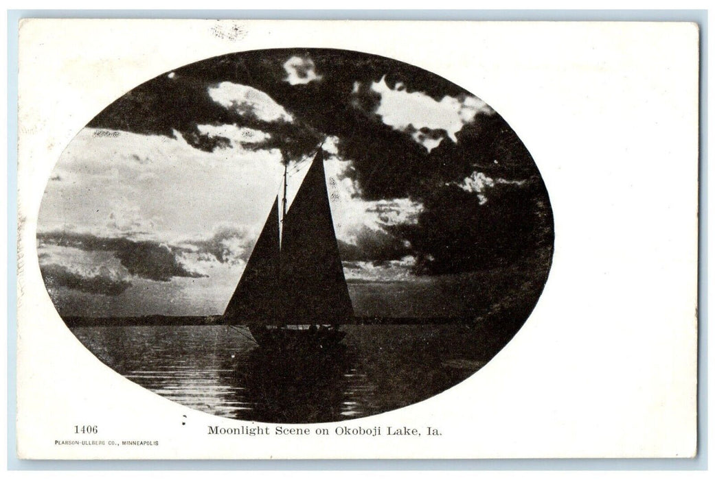 c1910's Moonlight Scene On Okoboji Lake Iowa IA, Sailboat Night View Postcard