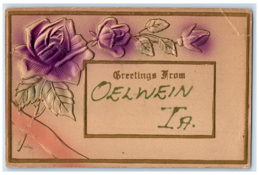 c1910's Greetings From Oelview Iowa IA, Flowers Airbrushed Embossed Postcard