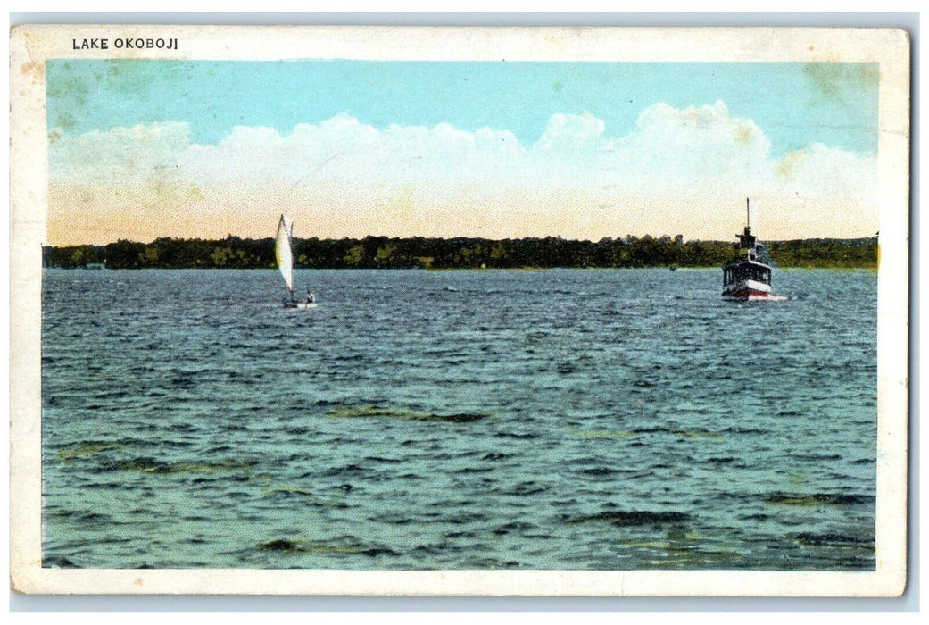 1935 Lake Okoboji Spirit Lake Iowa IA, Boat Sailboat Scene Vintage Postcard