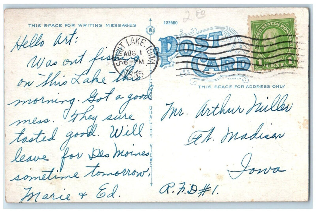 1935 Lake Okoboji Spirit Lake Iowa IA, Boat Sailboat Scene Vintage Postcard