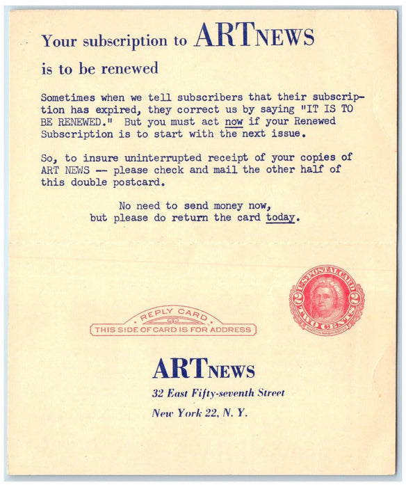 c1950's Artnews Subscription to be Renewed New York City New York Postal Card