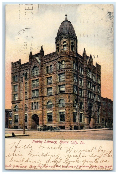 1906 Public Library Building Horse And Wagon Sioux City Iowa IA Antique Postcard