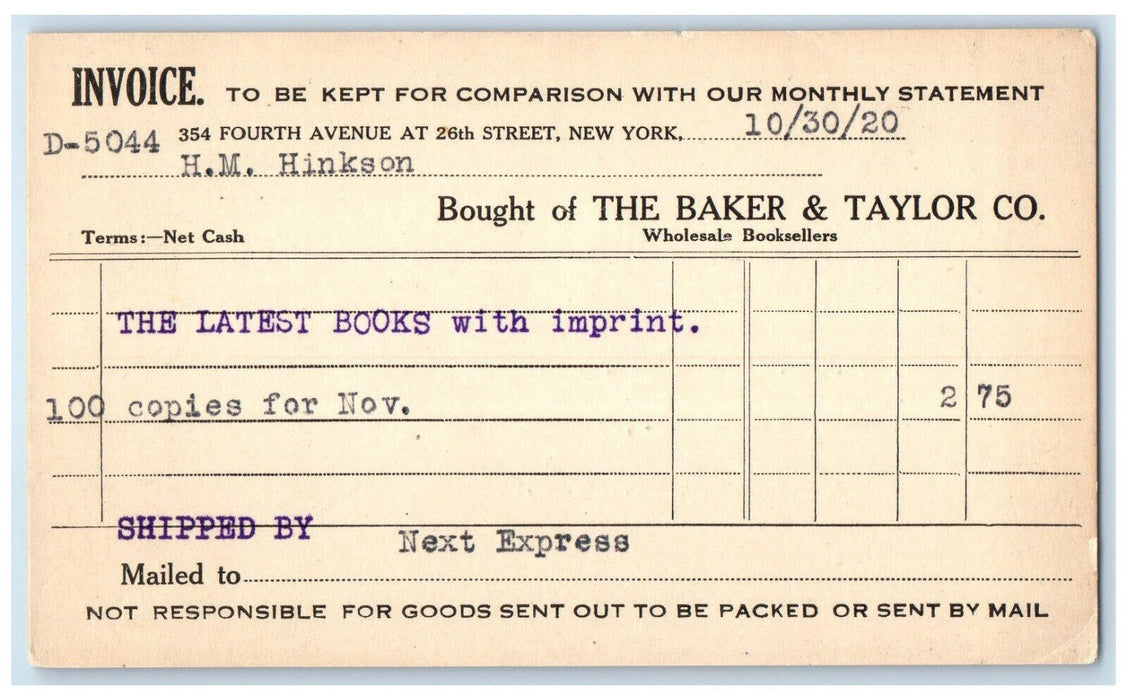 1920 Invoice The Baker & Taylor Co Wholesale Booksellers New York NY Postal Card