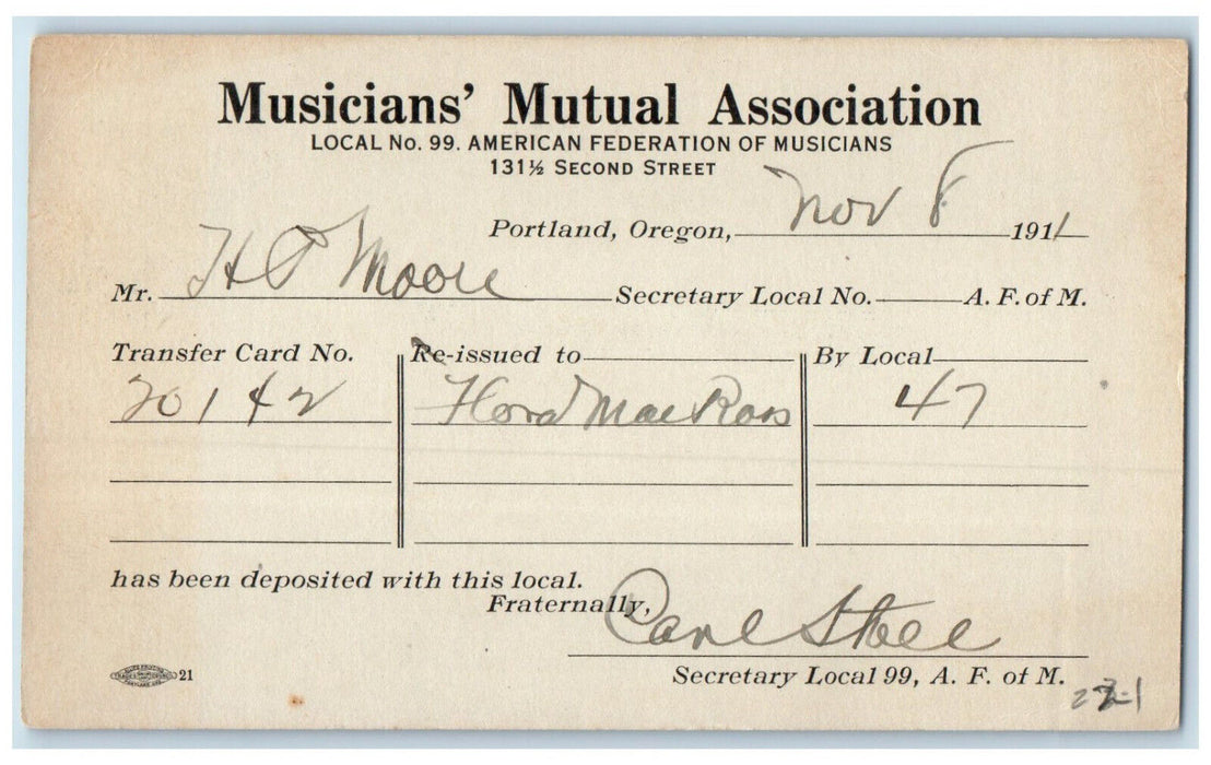 1911 Musician's Mutual Association Portland Oregon OR Posted Antique Postal Card