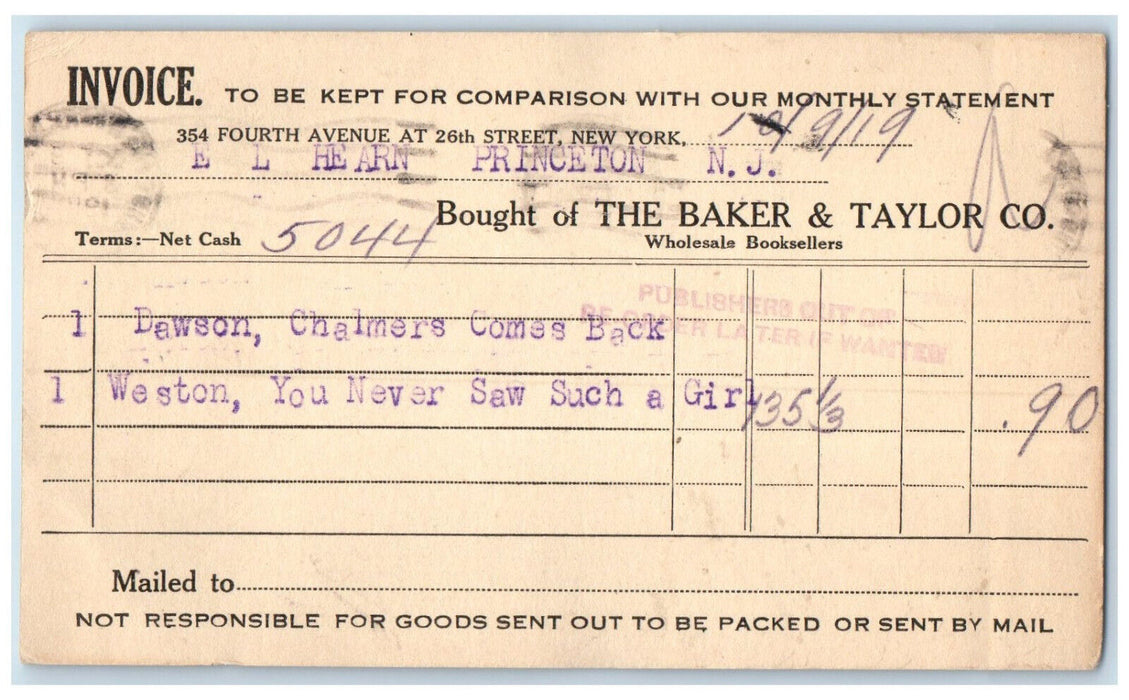 1919 The Baker & Taylor Co. Dawson & Weston Book Orders New York NY Postal Card