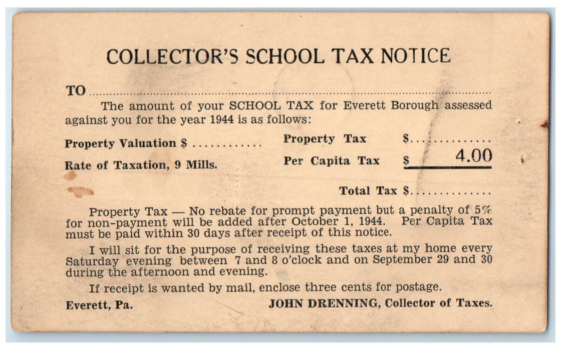 1944 Collector's School Tax Notice Everett Pennsylvania PA Posted Postal Card