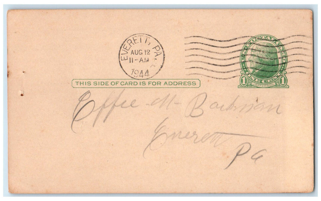 1944 Collector's School Tax Notice Everett Pennsylvania PA Posted Postal Card