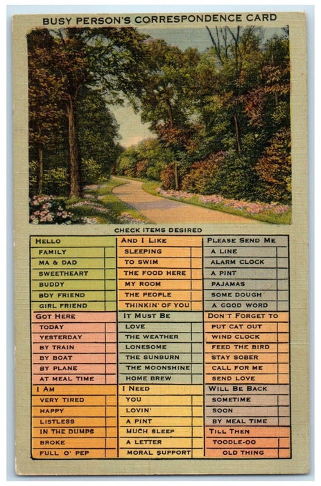 1941 Busy Person's Checklist Correspondence, Road View Wahpeton ND Postcard