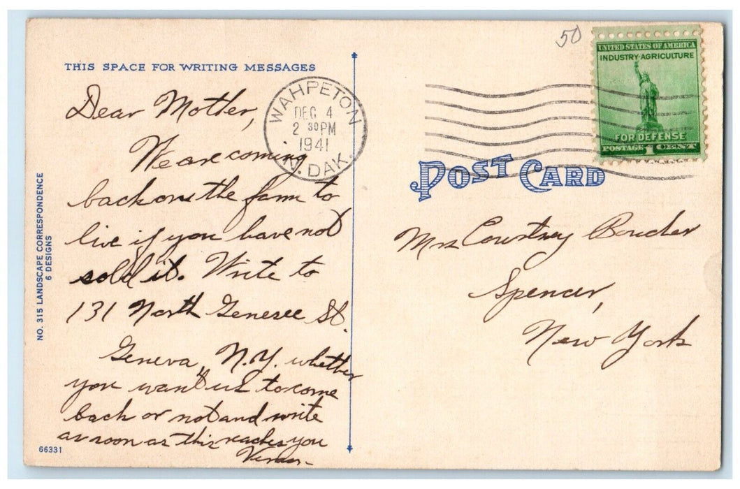 1941 Busy Person's Checklist Correspondence, Road View Wahpeton ND Postcard