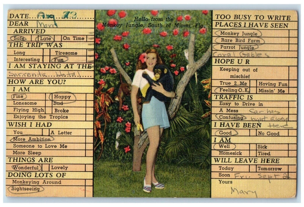 1949 Monkey Jungle South Of Miami Florida FL Checklist Correspondence Postcard
