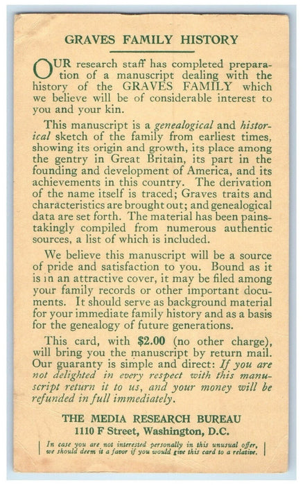 1937 Graves Family History Media Research Bureau Washington DC Postal Card