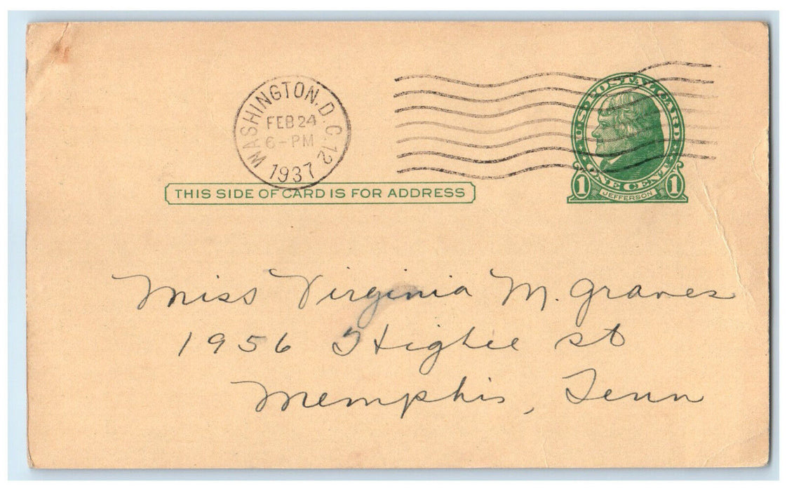 1937 Graves Family History Media Research Bureau Washington DC Postal Card