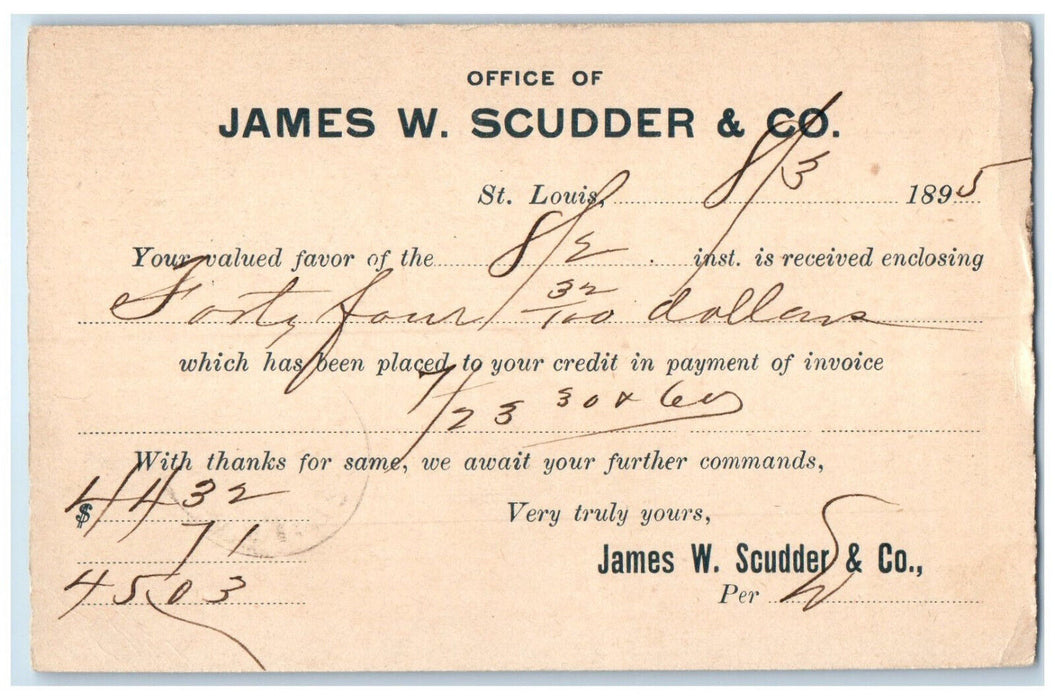 1895 Office of James W. Scudder & Co. St. Louis Missouri MO Antique Postal Card