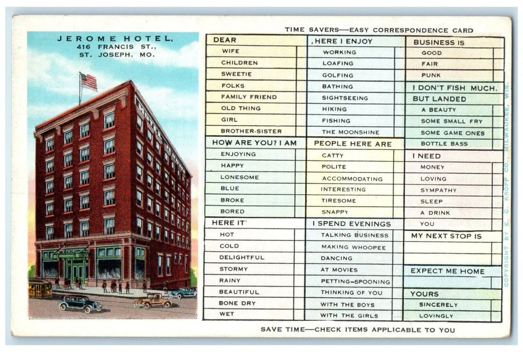 c1930's Jerome Hotel St. Joseph Missouri MO Checklist Correspondence Postcard