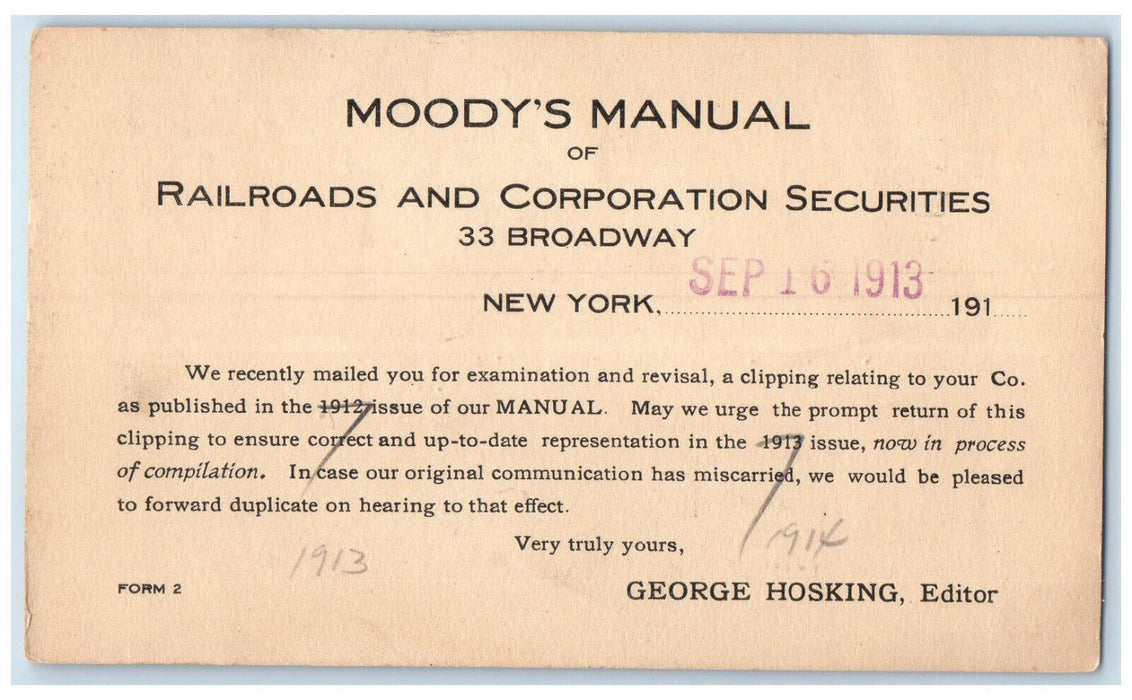 1913 Moodys Manual of Railroad and Corporation Securities NY Postal Card