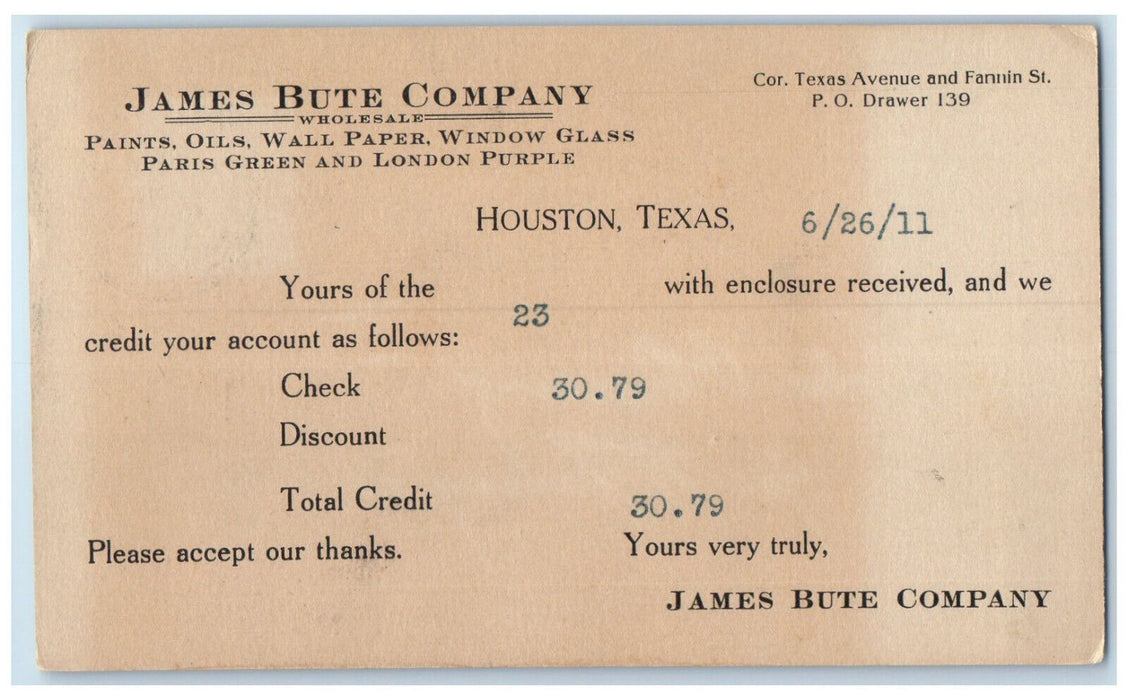 1911 James Bute Company Wholesale Houston Texas TX Posted Antique Postal Card