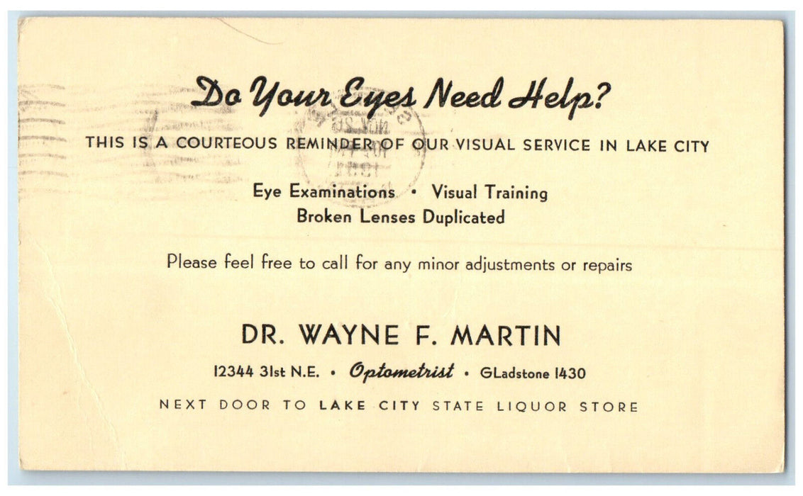 c1950's Dr. Wayne F. Martin Optometrist Seattle Washington WA Posted Postal Card