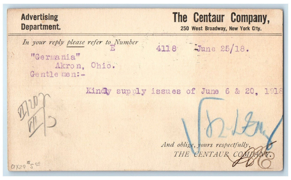 1918 The Centaur Company New York City New York NY Advertising Postal Card